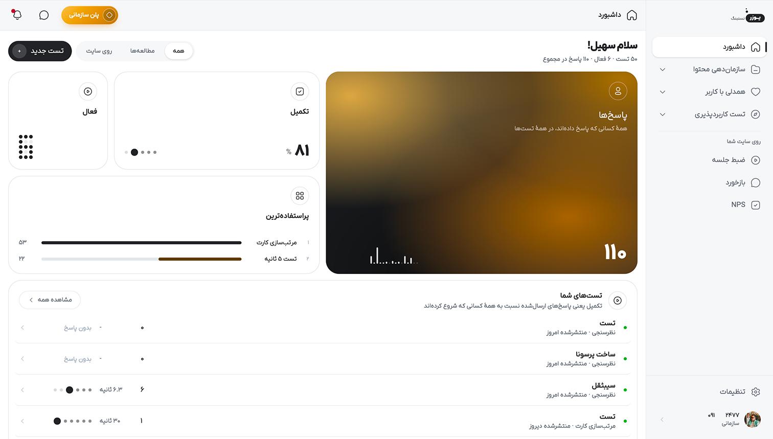 داشبورد یوزر تستینگ